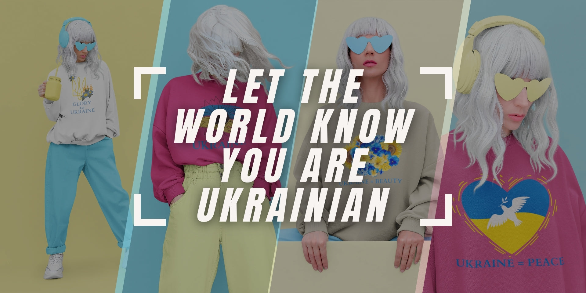 A vibrant visual featuring the text 'Let the world know you are Ukrainian' in bold typography against a background showcasing traditional Ukrainian themed clothing